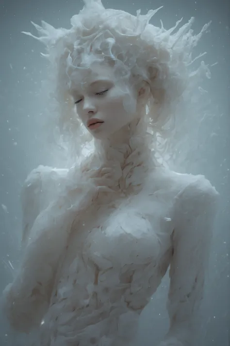 Eric Lacombe and Patrice Murciano Frostpunk Fashion Photography,   White Glacier Blue  ,  Minimalist,  Smoky Eye Shadow , Glowing White Expansive Biomorphic Dot Pattern, glacier landscape, Glacier Flower  ,  bokeh snow flakes , volumetric particles dust,  ...