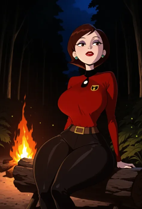  Helen Parr , mature female, medium hair, Bob_cut, brown hair, brown eyes, big eyes, long eyelashes, huge saggy breasts, narrow waist, thick thighs, huge hips, fair skin, thin hands, earrings, makeup, pink lips, lipstick.| score_9, score_8_up, score_7_up, ...
