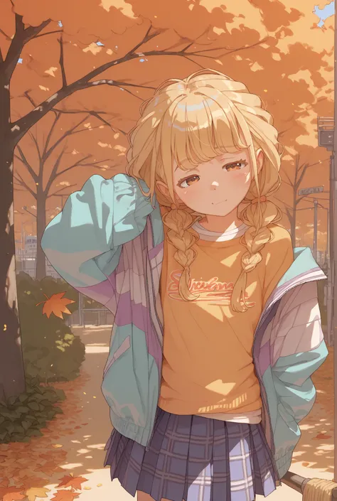 1  on break day, solo, So_Fujita, 1 , braids, twin tails on par with Mecha, long hair, twin braidss, bangs, bedroom brown eyes,ground,standing figure,plaid pleated skirt, base color: sky blue, thin stripes: white, thick stripes: navy,orange long t-shirt d...
