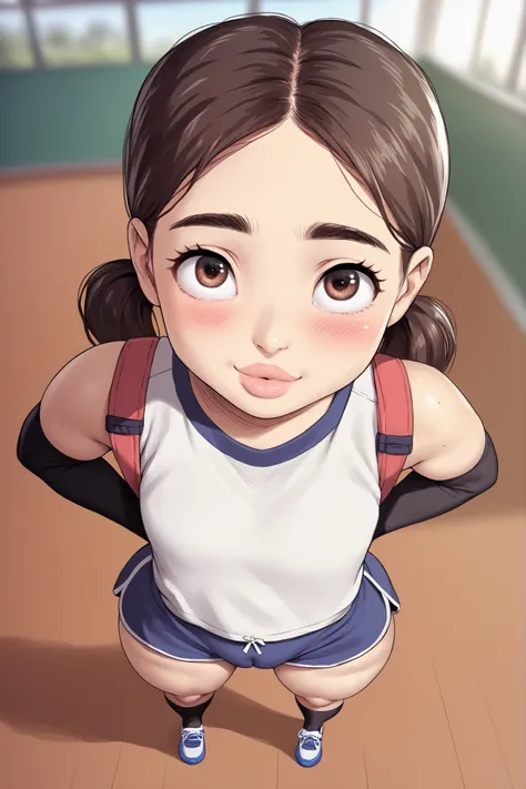 a girl, from above, different positions, different angles, different poses, (blurred background),, osame thing, Alone, pigtails, Sports panties, sport shorts, sports wear, elbow Gloves, Japanese school backpack, beautiful eyes, beautiful body, beautiful fa...