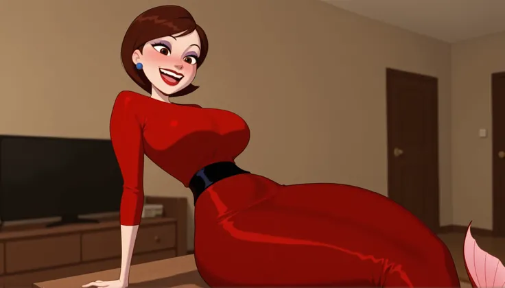 Helen Parr , mature female, medium hair, Bob_cut, brown hair, brown eyes, big eyes, long eyelashes, huge saggy breasts, narrow waist, thick thighs, huge hips, fair skin, thin hands, earrings, makeup, pink lips, lipstick.| masterpiece, best quality, amazing...