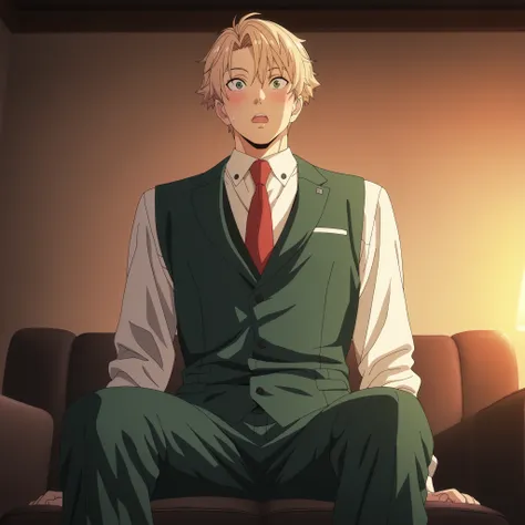 (best quality,4k,8k,highres,masterpiece:1.2),ultra-detailed,realistic,,anime,pastel colors,soft lighting,shiny skin, posing, night, warm ambiance 
soufrie,,,,,,,  , (1man) ,loid_forger, best eyes, white collared shirt, red necktie, dark green vest, green b...