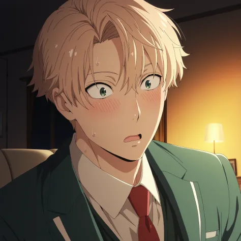 (best quality,4k,8k,highres,masterpiece:1.2),ultra-detailed,realistic,,anime,pastel colors,soft lighting,shiny skin, posing, night, warm ambiance 
soufrie,,,,,,,  , (1man) ,loid_forger, best eyes, white collared shirt, red necktie, dark green vest, green b...
