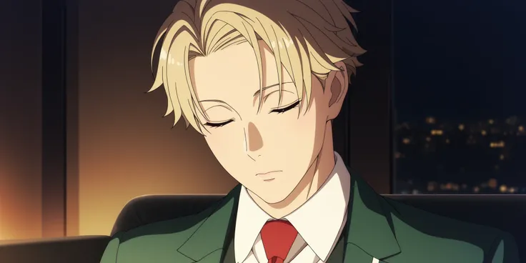 (best quality,4k,8k,highres,masterpiece:1.2),ultra-detailed,realistic,,anime,pastel colors,soft lighting,shiny skin, posing, night, warm ambiance 
soufrie,,,,,,,  , (1man) ,loid_forger, best eyes, white collared shirt, red necktie, dark green vest, green b...
