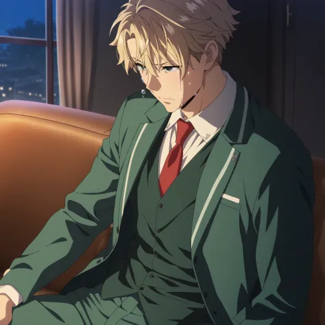 (best quality,4k,8k,highres,masterpiece:1.2),ultra-detailed,realistic,,anime,pastel colors,soft lighting,shiny skin, posing, night, warm ambiance 
soufrie,,,,,,,  , (1man) ,loid_forger, best eyes, white collared shirt, red necktie, dark green vest, green b...