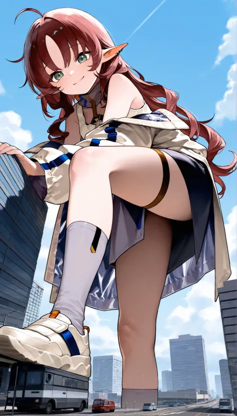 score_9_up, score_8_up, score_7_up, 1girl, (giantess:1.4), microcity, 1girl, Myrtle(Arknights), 1girl, solo, pointy ears, long hair, smile, jacket, piercing, ear piercing, socks, white jacket, bangs, off shoulder, long sleeves, ahoge, bare shoulders, very ...