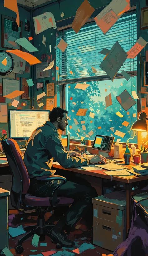 medium shot of a zombie-like office worker slumped over a cluttered desk at 04:00 AM, glowing digital wall clock shows "04:00 AM", documents floating mid-air as if affected by broken gravity, monitors displaying glitchy unreadable code and fragmented UI wi...
