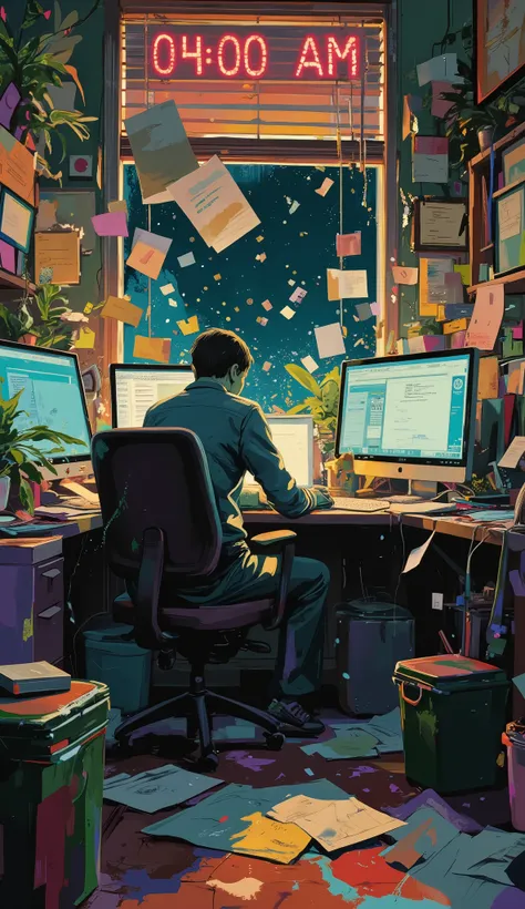 medium shot of a zombie-like office worker slumped over a cluttered desk at 04:00 AM, glowing digital wall clock shows "04:00 AM", documents floating mid-air as if affected by broken gravity, monitors displaying glitchy unreadable code and fragmented UI wi...