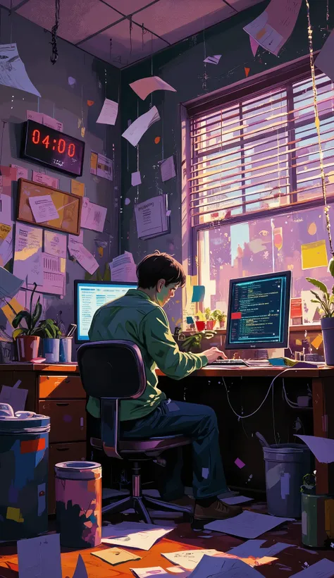 medium shot of a zombie-like office worker slumped over a cluttered desk at 04:00 AM, glowing digital wall clock shows "04:00 AM", documents floating mid-air as if affected by broken gravity, monitors displaying glitchy unreadable code and fragmented UI wi...