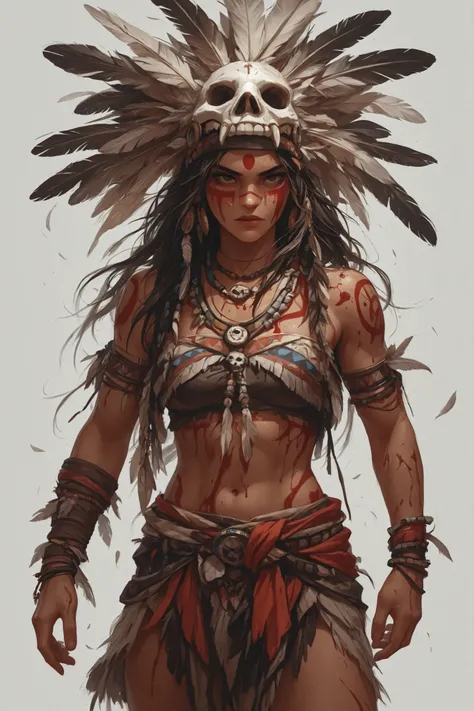 A beautiful Aztec shaman, with a sexy body, with fabric clothing , a crown made of bones and feathers, body paint, with blood, performing a sacrifice