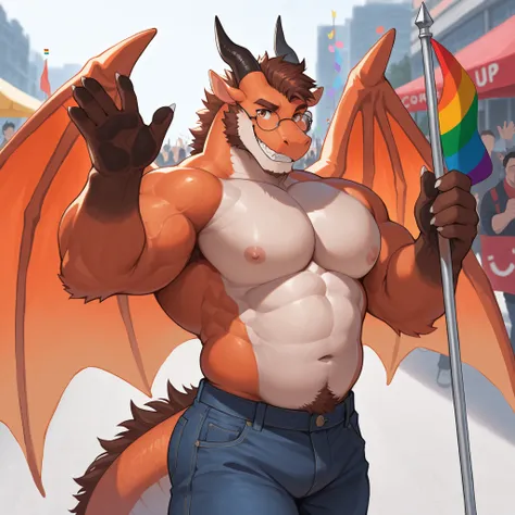  score _9,  score _8_Up,  score _7_Up,
Best Quality,  masterpiece，perfect figure,  male,   1 boy  ，half naked , nipple, Chest Focus , confident move

Orange Dragon，White belly，Black Dragon Horn，brown eyes，Brown Tail， Orange Wings ， 5 Paws ，pride month，jean...