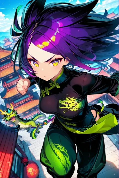 Fierce girl, purple and green, dragon, the girl is getting ready to fight, Chinese themed, standing on top of a building,
