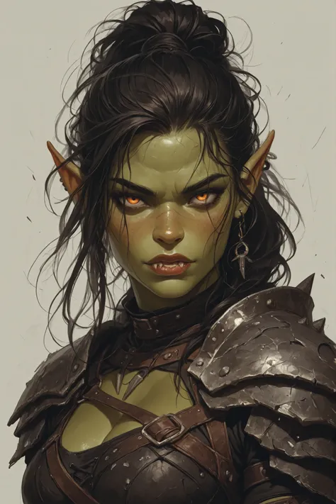 orc woman, with beautiful face, athletic and sexy leather, with bone armor, intimidating look