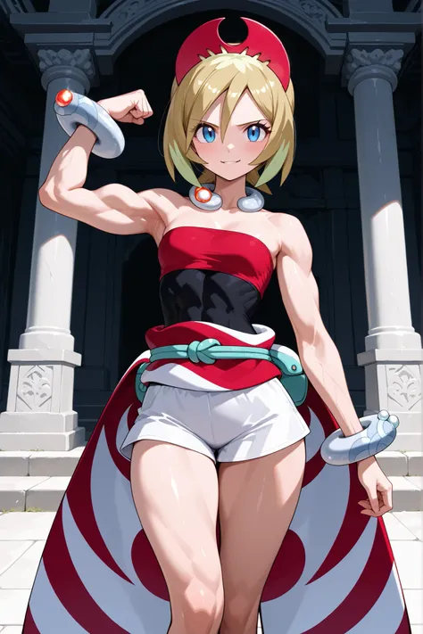 a women, alone, smirk, Irida from Pokémon, tight body, tall, fit body, toned body, lean legs, tight hips, small hips, lean hips, muscular arms, muscular biceps, peaked biceps, small breasts, dressed with bracelet a hat jewelry a red headwear a red shirt a ...