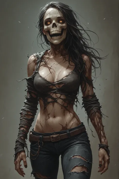 A zombie woman, with a very sexy and skull-like body, her tight and torn and torn clothes