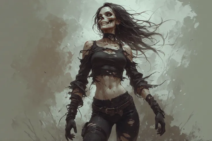 A zombie woman, with a very sexy and skull-like body, her tight and torn and torn clothes