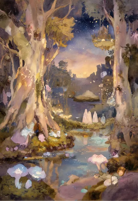 Whimsical enchanted forest in the style of Sky: Children of the Light, soft pastel colors with glowing accents, dreamy and ethereal atmosphere. Ancient trees with gently glowing runes, their bark smooth and slightly translucent. Delicate bioluminescent mus...