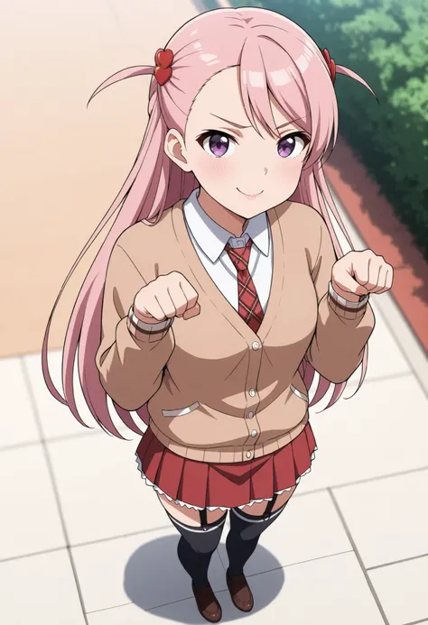  masterpiece, best quality, amazing quality ,1girl, solo, blurry background, standing , open mouth, glossy lips, serious smile ,long hair, pink hair, hair ornament, asymmetrical bangs, purple eyes, school uniform, brown cardigan, thighhighs, (garter belt:0...
