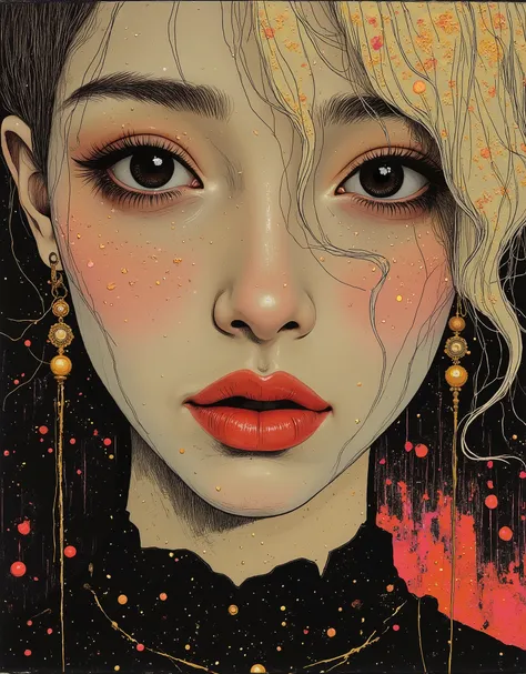 Magnificent, dark background, extreme ultra close-up portrait illustration of a stunning Asian woman's face, (classy minimal makeup: 3), (platinum hair: 3), seductive, sensual expression, lustful, (strong dazzling light on one side of face: 4)