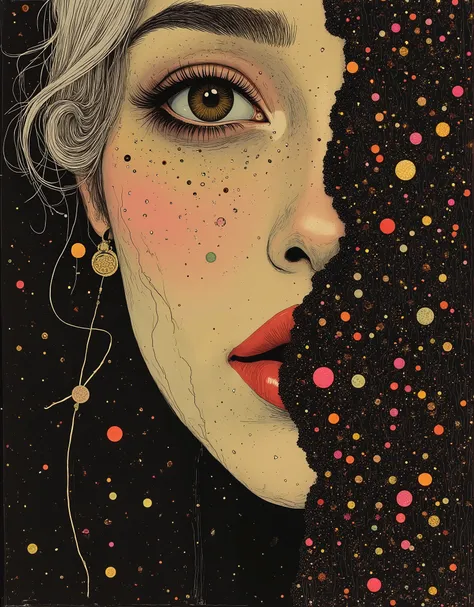 Magnificent, dark background, extreme ultra close-up portrait illustration of a stunning Asian woman's face, (classy minimal makeup: 3), (platinum hair: 3), seductive, sensual expression, lustful, (strong dazzling light on one side of face: 4)
