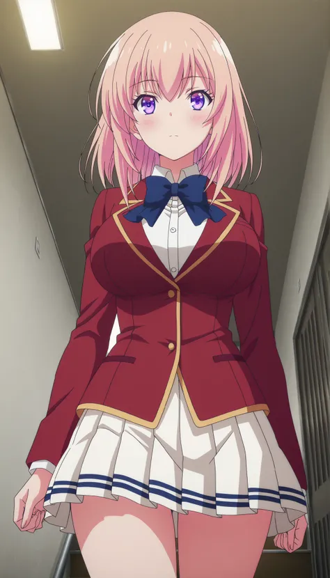  
masterpiece, best quality, very detailed, , masterpiece, best quality,  eyelashes, (Beautiful Eyes), cowboy shot,Ichinose Honami,  anime,  Official Illustration , Big Breasts, blush, ruddy skin,Big Breasts, medium hair , purple eyes ,    Gold ,red jacket...