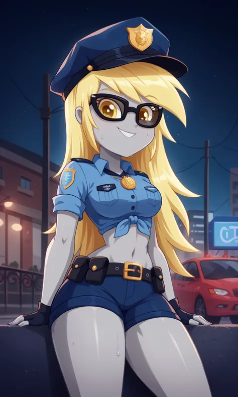 masterpiece, detailed image, soft skin, style_2d_chibi, (Derpy)1 girl, alone, yellow hair, colored skin, long hair, yellow eyes, , smile, ((Focus on face)),, from side, 1 girl, cap, police cap, sunglasses, playing police, cosplay, police, police uniform,...