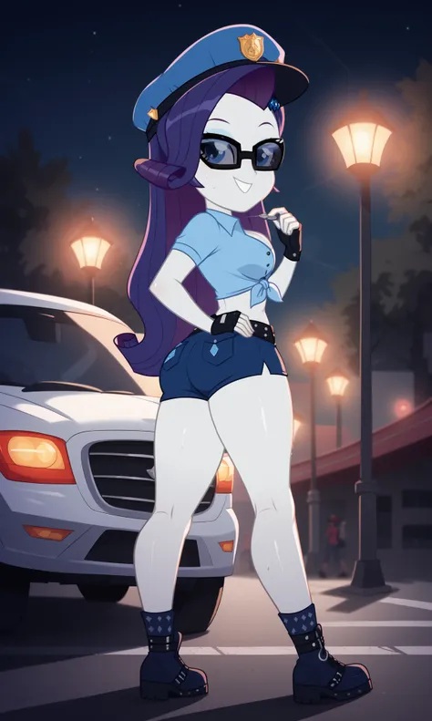 masterpiece, detailed image, soft skin, style_2d_chibi, (rarity)1 girl, alone, blue hair, colored skin, purple hair, multi-colored hair, long hair, bun, bangs, blue eyes, , smile, ((Focus on face)),, from side, 1 girl, cap, police cap, sunglasses, playin...