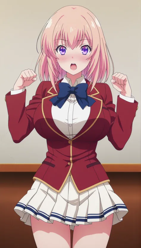  
masterpiece, best quality, very detailed, , masterpiece, best quality,  eyelashes, (Beautiful Eyes), cowboy shot,Ichinose Honami,  anime,  Official Illustration , Big Breasts, blush, ruddy skin,Big Breasts, medium hair , purple eyes ,    Gold ,red jacket...