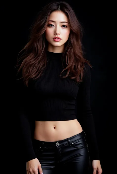  a young beautiful woman with long hair, (in ribbed crop top and leather pants on dark monochrome backdrop), (fine facial features), Tousled luxuriant hair, Supermodel, wavy hair, High resolution, (Masterpiece, Best Quality, High Quality:1.4), Intricate De...