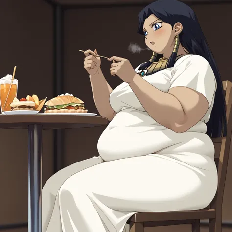 masterpiece,best quality,{{detailed beautiful face and eyes}}, very detailed background, 1 girl, solo,
Ishizu Ishtar,dark skin,long hair,black hair,egyptian,parted bangs,blue eyes,medium breasts,
1girl,(is embarrassing,big blush, Egyptian dress, eating foo...