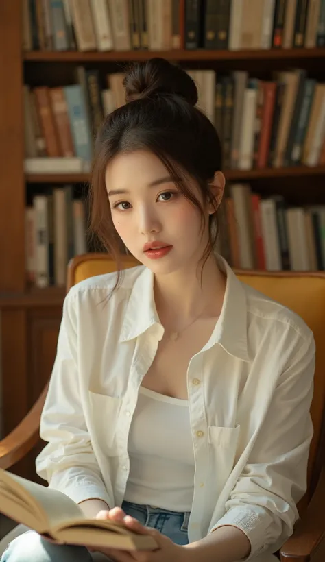 score_9, score_8_up , score_7_up , score_9,Score_9, Score_8_up , Score_7_up ,Create a picture of literary and artistic life style, focusing on the characteristics of the characters: bun, white vest, light-colored jeans, sitting posture (hands holding hair,...