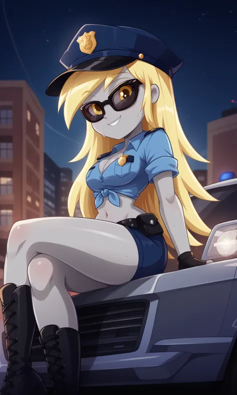 masterpiece, detailed image, soft skin, style_2d_chibi, (Derpy)1 girl, alone, yellow hair, colored skin, long hair, yellow eyes, , smile, ((Focus on face)),, from side, 1 girl, cap, police cap, sunglasses, playing police, cosplay, police, police uniform,...