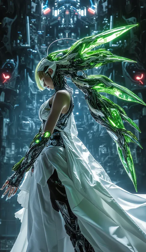 Utopia mixed machine city, green, light blue, nature and machine, detailed background, long large white cloth girl, no heart, red ova in rising up hand, glitter glowing shining cloth,