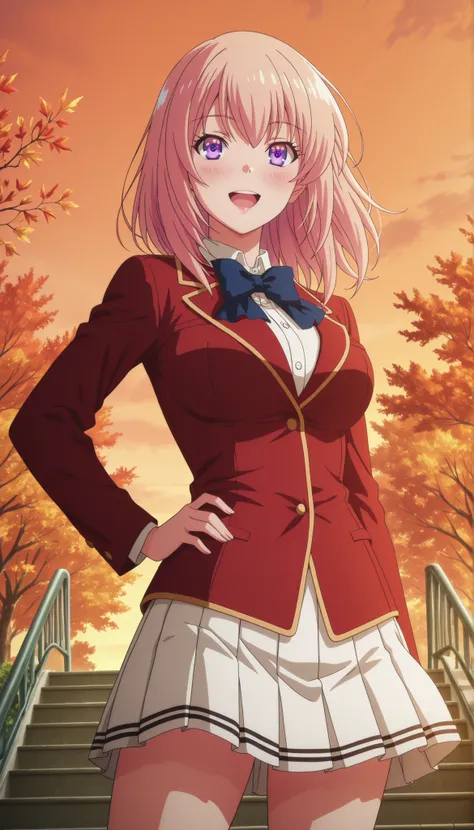  
masterpiece, best quality, very detailed, , masterpiece, best quality,  eyelashes, (Beautiful Eyes), cowboy shot,Ichinose Honami,  anime,  Official Illustration , blush, ruddy skin, medium hair , purple eyes ,    Gold ,red jacket , pleated skirt ,white s...