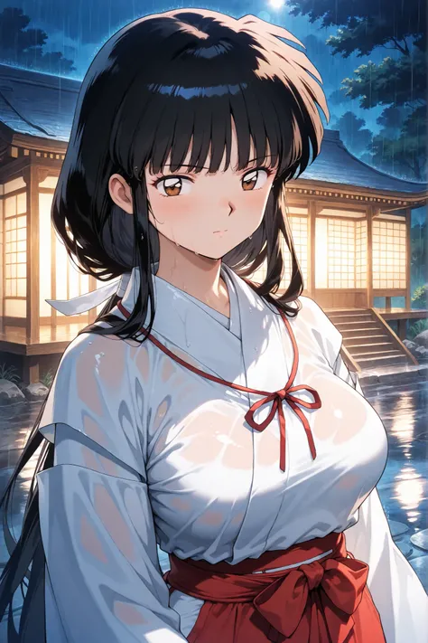 inuyasha, anime, anime_style,
kikyoinu, kikyou, black hair, brown eyes,
hair ribbon, long hair, blunt bangs, sidelocks, low ponytail,
very long hair, blunt bangs, sidelocks, hime cut,

Night, serious, shrine maiden outfit, shrine maiden, red skirt, wet clo...