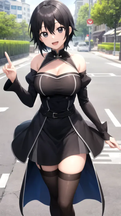 Masterpiece, Best Quality, girl, looking at viewer, Kazuto Kirigaya, Black hair, short hair, hair Between eyes, Black Eyes, large breasts, white dress, detached sleeves, blue thighhighs, standing, smile, open mouth, outdoors