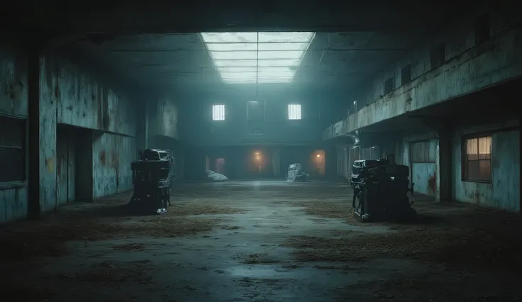 An empty warehouse, dark, surreal, liminal, hyper realistic, high detail, masterpiece.