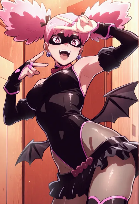 masterpiece, best quality, amazing quality, aesthetic, absurdres, best quality, Kazuho, 1girl, pink hair, solo, wings, earrings, jewelry, mask, twintails, leotard, skirt, pink eyes, bridal gauntlets, gloves, upscale, Stripclup, poledance, Sexy pose, foresh...
