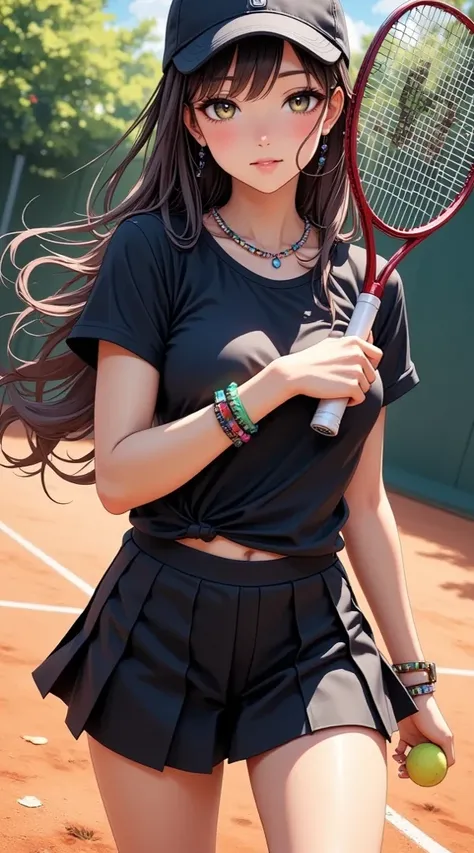  (masterpiece,  computer, mejor quality,  Clear focus, shadow, anime-style, ultra high resolution, 8K, perfect anatomy, perfect face, (detailed face), (  Detailed eye  ), score_9, score_8_above, score_7_above, score_6_above, score_5_above, score_4_above,  source _animated, Label 1, Label2, quality_masterpiece, Anatomically Correct, beautiful face, perfect face, Beautiful and highly detailed face and eyes, Attractive face, detailed face, delicate facial features, detailed skin, huge breasts, breast size cup D or DD, wide hips, gigantic butt, thick thighs. looking at the spectator. Anime-style illustration of a beautiful woman with an elegant and sensual look. A young and attractive anime-style woman standing on a tennis court. She wears a black sports t-shirt and a cap, holding a racket with a yellow ball. Her outfit includes a black skirt and, As an accessory, a colorful necklace and a bracelet. The background shows a clay tennis court and some vegetation.