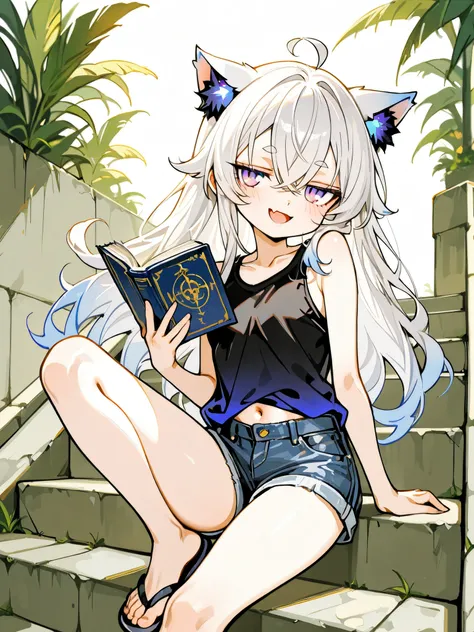 ((Masterpiece)), ((best quality, very aesthetic, absurdres, newest, detailed background)), (8K), ((1girl)), (cute young girl), (Healthy Gaunt body, Textured skin, small breast, tilt head), ((platinum-gold hair)), (double-parted bangs, crossed bangs), blue ...