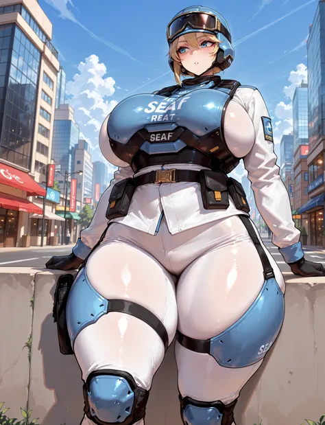 ((masterpiece, best quality:1.4,extremely detailed, detail face, detail eyes)), illustration, 8k, hd, 1female, (tall lady), whole body pic, solo, girl, adult body, short blond hair, blue eyes, , blue headwear , combat helmet , goggles on headwear , blue ey...