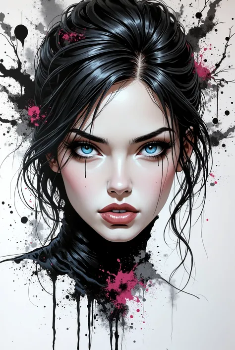A 4K UHD painting of a minimalist, modern, and abstract background with a close-up of a powerful and enigmatic female composition in the style of minimalism, with a super realistic artistic creation in black paint on a white background. The quality of fine...