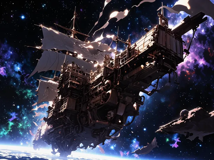 Fantasy wooden frigate sailing in space among the stars, a month in the distance where an ancient city, a school of ghostly fish hides behind asteroids