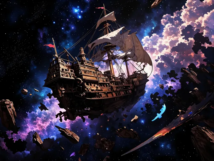 Fantasy wooden frigate sailing in space among the stars, a month in the distance where an ancient city, a school of ghostly fish hides behind asteroids