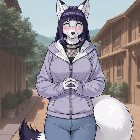 absurdres, masterpiece, best quality, 1girl, solo,
 ChopioHinata, anthro furry white fox, white fur, animal ears, tail, purple hair, long hair, straight hair, shiny hair, blunt bangs, sidelocks, no pupils, white eyes, looking at viewer, mature female, shy ...