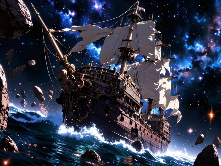 Fantasy wooden frigate sailing in space among the stars, a month in the distance where an ancient city, a school of ghostly fish hides behind asteroids