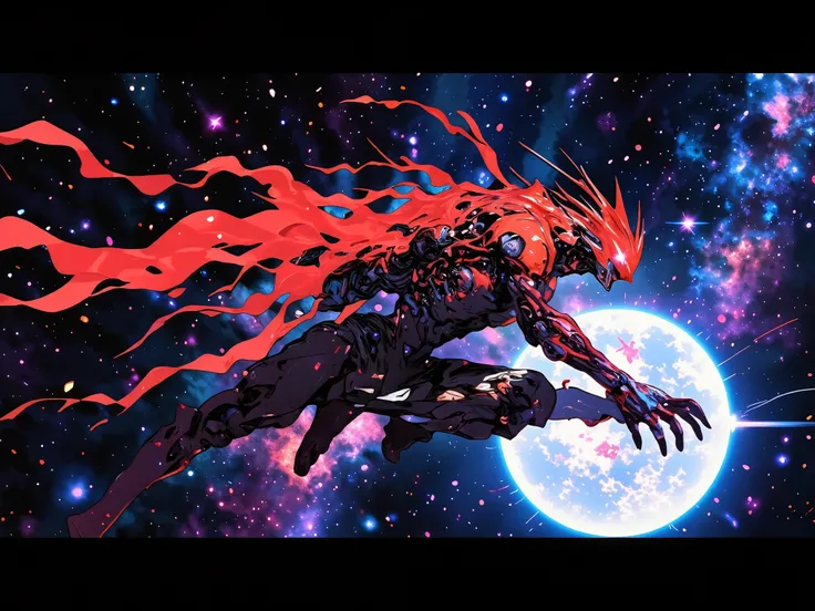 a red and striped cyber cat in space plays with the moon like a ball