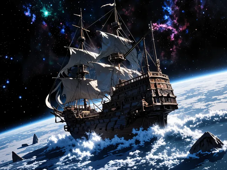 Fantasy wooden frigate sailing in space among the stars, a month in the distance where an ancient city, a school of ghostly fish hides behind asteroids