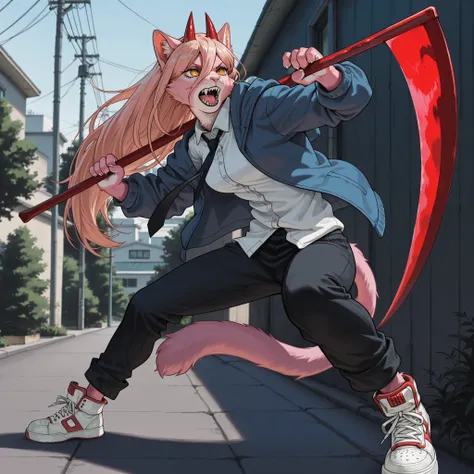 absurdres, masterpiece, best quality, 1girl, solo, Power_(Chainsaw_Man), anthro furry pink cat girl, pink fur, yellow eyes, long hair, red horns, wearing blue loose jacket, white shirt, black tie, black pants, pants sleeves rolled up, white sneakers, sharp...