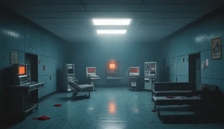 An empty Emergency Room at a Empty Hospital, dark, surreal, liminal, hyper realistic, high detail, masterpiece.